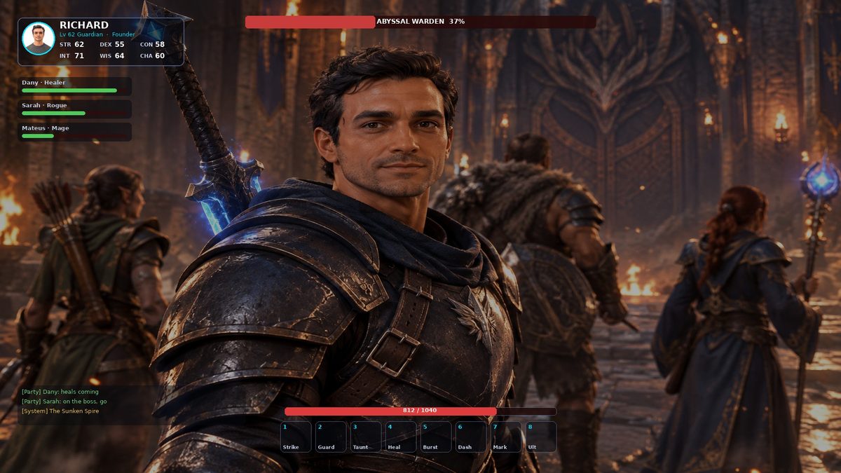 Concept art: the player in a dungeon raid with his party