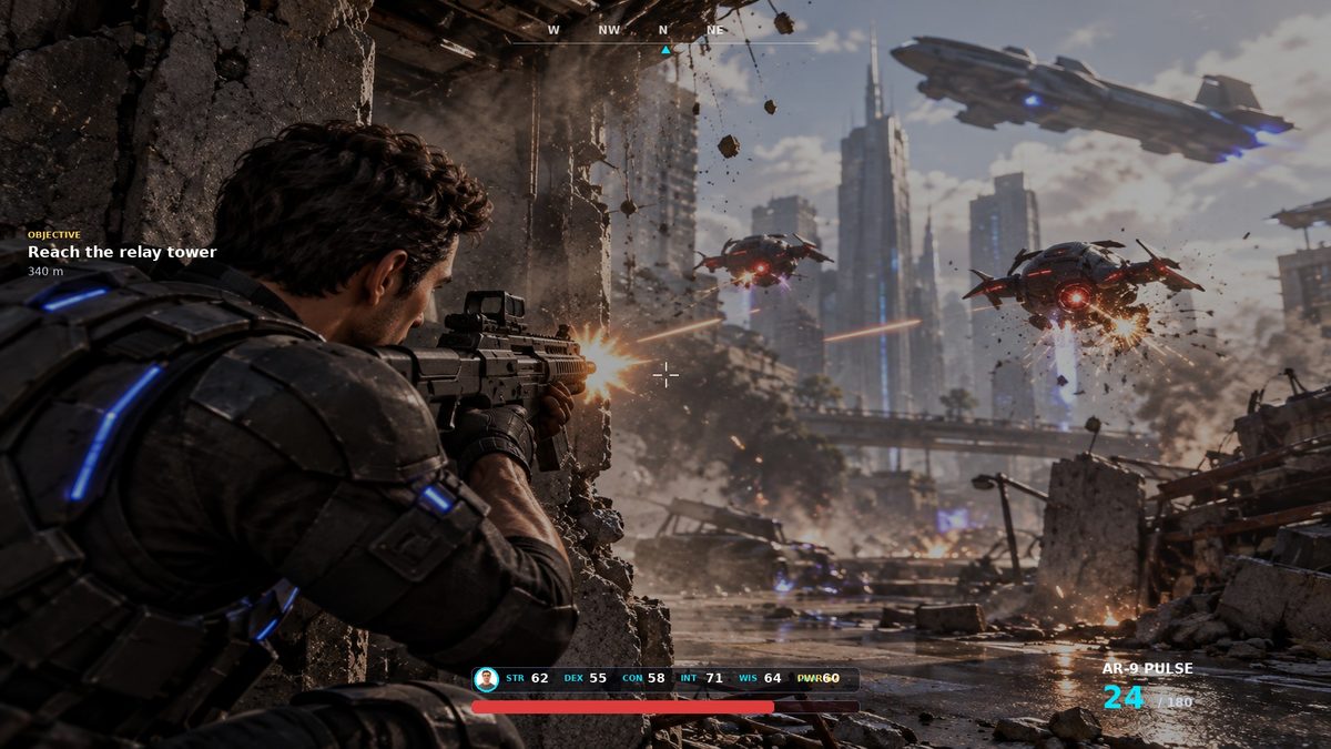 Concept art: the player in a cover shooter